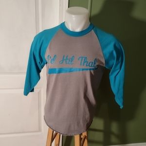 Baseball T-shirt "I'd Hit That" Men's size Small Gray Chest Blue Sleeves